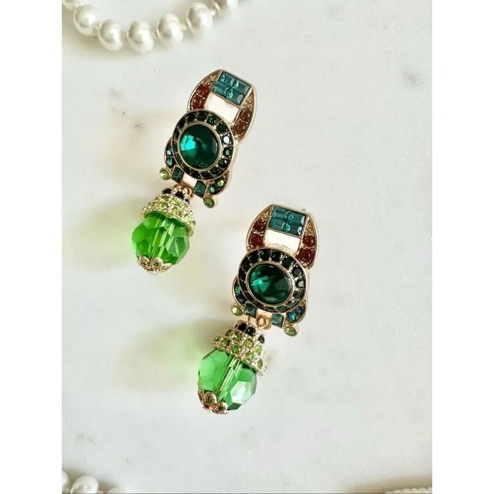 Regal style light green teardrop beaded rhinestone dangle earrings